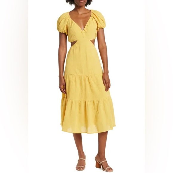 ASTR The Label - Wiley Mustard Puff Sleeve Cutout Gauze Open Back Midi Dress LG - Picture 1 of 13